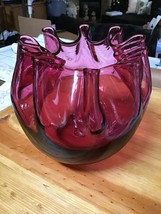 Signed Pilgrim Art Glass Vintage Cranberry Rose Bowl Crimped Cute 481A - $72.57