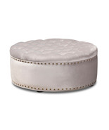 Velvet Round Tufted Cocktail Ottoman Modern Royal Blue Or Gray Brass Tac... - $379.89