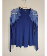 Free People Women S/P top blue Daniella embroidered long sleeves illusio... - $396.29 MXN