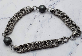 Orbital Loop Silver and Gunmetal Gray Spring Ring Clasp Metal Bracelet  - £9.46 GBP