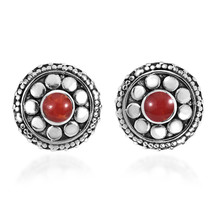Stylish Flower with Synthetic Coral Inlaid Center Sterling Silver Stud Earrings - £14.78 GBP