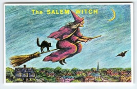 Halloween Postcard The Salem Witch City Crescent Moon Black Cat Church Village - £32.83 GBP