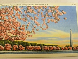 Post Card Washington Monument Potomac Cherry Blossoms Washington DC Linen 1940s - £6.56 GBP