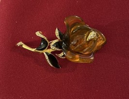 Honey Tortoise Lucite brooch gold tone Enameled leaves rhinestone accents J107 - $14.01