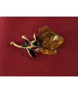 Honey Tortoise Lucite brooch gold tone Enameled leaves rhinestone accent... - $14.01