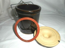 Cheese Butter Crock Dark Brown Glazed Lid Wire Bale Gasket Ceramic Canister - £11.12 GBP
