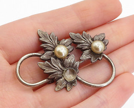 925 Sterling Silver - Vintage Pearls Dark Tone Autumn Leaves Brooch Pin - BP1696 - £30.14 GBP