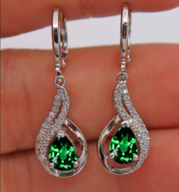 3. Ct Pear Cut Emerald Diamond Drop &amp; Dangle Halo Earrings 14k White Gold Over - £67.12 GBP