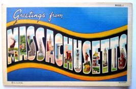 Greetings From Massachusetts Large Big Letter Linen Postcard Curt Teich Vintage - £9.68 GBP