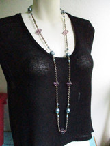 Chunky Blue Bauble Purple Faceted Diamond Shape Bead Necklace Brass Chai... - $14.24