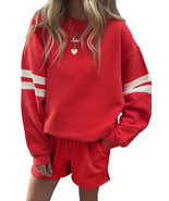 Fiery Red Varsity Striped Sleeve Drop Shoulder Sweatshirt and Shorts Set - $854.30 MXN