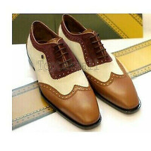 Handmade Men&#39;s Leather Oxfords Maroon Beige Brown Three Tone Casual Shoes-213 - £164.34 GBP
