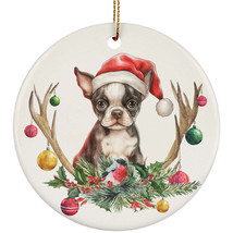 Cute Boston Terrier Dog Santa Hat Deer Antlers Flower Xmas Ornament Ceramic Gift - £11.89 GBP