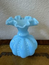 1970s Rare Fenton Blue Milk Glass Beaded Melon Double Crimped Ruffled 6&quot; Vase - £111.98 GBP