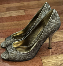 Enzo Angiolini Peep Toe Leather Floral Pump Heels Gold Bronze Sparkle 9 Eamaylie - £23.73 GBP