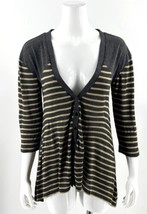 Cable &amp; Gauge Cardigan Sweater Sz M Gray Tan Striped Sharkbite Hem V Neck Womens - £15.82 GBP