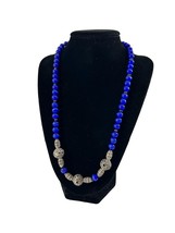Vintage Cobalt Colored Blue Beaded Necklace Silver Tone Filigree Beads 20&quot; Korea - £14.98 GBP