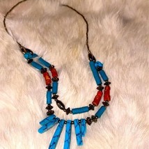 Beautiful turquoise and coral beaded necklace, double loop on the bottom - £18.01 GBP