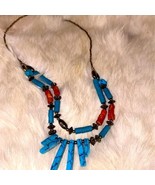 Beautiful turquoise and coral beaded necklace, double loop on the bottom - $22.54