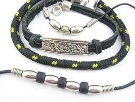 Lot of 4 BLACK CORD BRACELETS Vintage Silvertone Beads Tribal Symbols WC... - $14.99