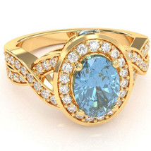 Three Stone Blue Topaz Diamond Peekaboo Halo Engagement Ring In 14k Yellow Gold - £638.68 GBP