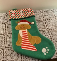 Cute Dog Christmas Stocking 17 Inch Green Bone Design Applique Tan Dog S... - £10.04 GBP