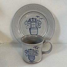 Owens Pottery Seagrove NC Noah’s Ark Childs Set Cup &amp; Plate Gray Blue Sa... - $26.00