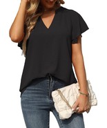 Women Casual Split V Neckline Chiffon Blouses Loose Tunic Lantern (Black... - £14.29 GBP