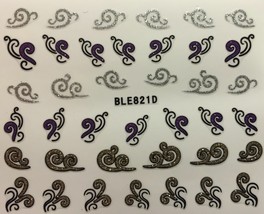 Nail Art 3D Decal Stickers Glittery Silver Gold Purple Swirls Wind Waves BLE821D - £2.46 GBP