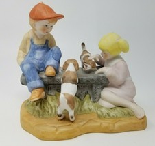 Paul Sebastian Boy Girl Playing with Puppies on a Bench Figurine Vintage 1991 - £13.59 GBP