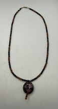 Vintage Art Glass Bead Necklace Rose Floral Pendant Black Amber 20” Gold... - $26.68