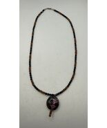 Vintage Art Glass Bead Necklace Rose Floral Pendant Black Amber 20” Gold... - $26.68