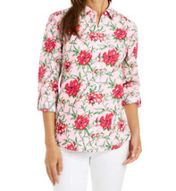 allbrand365 designer Womens Linen Blend Printed Tab Sleeve Shirt, Medium, Pink - £41.02 GBP