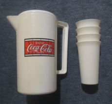 Coca Cola 88oz Plastic Pitcher Tiffany design both sides & set of 4 12 oz cups - $9.65