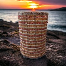 Glass Beaded Candle Holder Bohemian Seed Bead Pillar Tall Moroccan Red Gold Vtg - £22.18 GBP