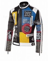 New Philipp Plein Multicolor Full Studded Embroidery Patches Leather Jacket Mens - £215.54 GBP