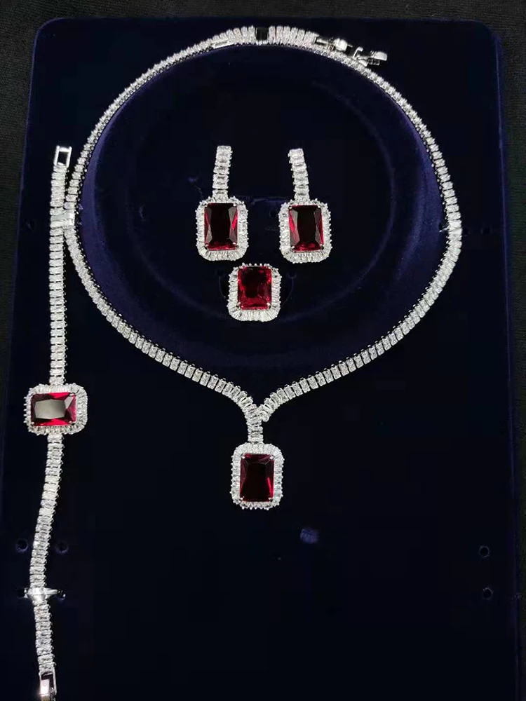 Jewelry Set HADIYANA Vintage Wedding Party Jewelry Square Zircon Necklace Earrin - $57.59