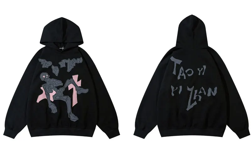 Men Hoodie Sweatshirt Y2K Hip Hop Embroidery  Skeleton Letter Hooded Streetwear  - £129.52 GBP
