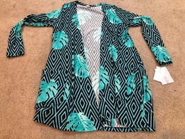 Lularoe Small S Caroline Cardigan Sweater Black Green Geo Palm Fern Leav... - $23.10