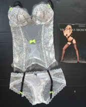 Victoria&#39;s Secret 32C GARTER CORSET+XS PANTY Black White lace chantilly ... - £89.26 GBP