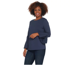 Martha Stewart Ponte Top with Bracelet Bell Sleeves Azurite Blue Size XS A345115 - £12.84 GBP