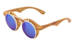 Faux Wood Frame Iridium Mirror Lenses Flip Up Sunglasses (Wood Frame, Bl... - £6.92 GBP