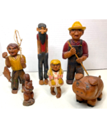 Wood Hillbilly Figurines Hand Carved Solid Hand Painted Vintage Set of 6 - $180.00