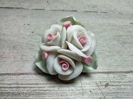 Vintage Porcelain White Pink Rose Bouquet Green Leaves 3D Brooch Pin 1 1... - £9.99 GBP