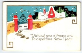 New Years Day Postcard Snow Covered Church Stars 1929 Holiday Greetings Embossed - £5.95 GBP