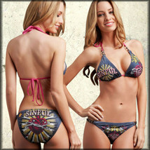 Sinful Layla Burning Heart Sunray Rhinestone Chain Womens Bikini Bottom Grey LRG - £32.10 GBP