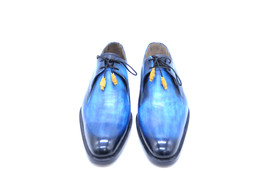 Men&#39;s Handmade Leather Shoes Blue Patina Whole Cut Oxfords hand painted ... - $170.99