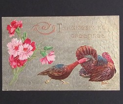 Thanksgiving Greetings Turkey Pair with Flowers Gold Embossed 1909 Postcard - £7.83 GBP