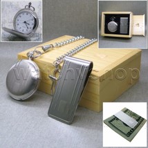 Silver Color Pocket Watch for Men with Money Clip Fob Chain and Wood Box P240 - £23.92 GBP