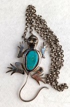 Signed Ben Ration Lizard Gecko Turquoise Sterling Silver Necklace Pin - £219.17 GBP